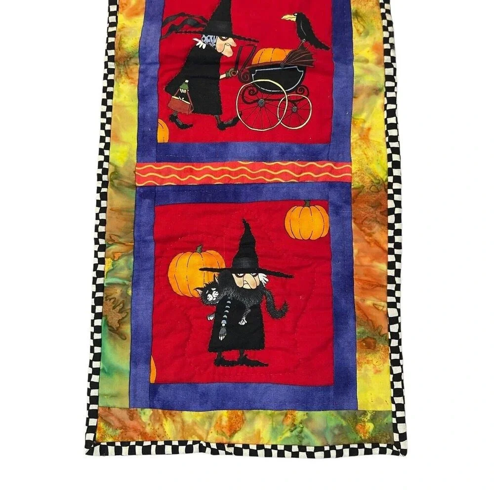 Handmade Quilted Witch Halloween Wall Hanging Decor Folk Art Cotton Kitsch 10x25